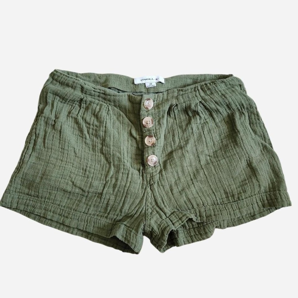 O'Neill boho beach henley cotton shorts with buttons olive green size 28"
